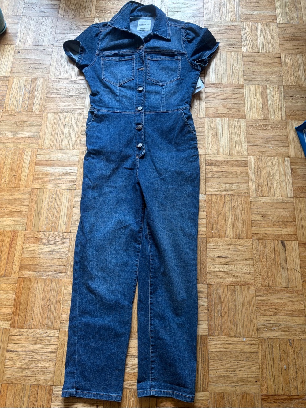Celebrity Pink Puff Sleeve One-piece Dark Stretch Denim Boiler-suit Size Medium - Picture 2 of 16